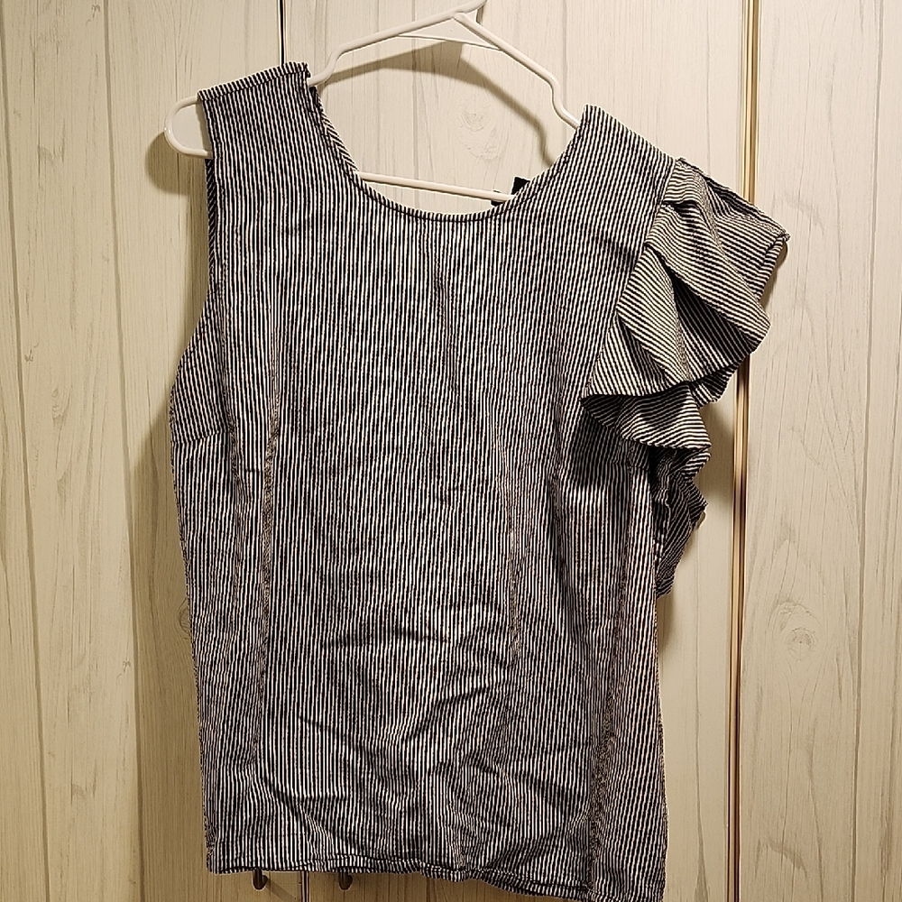 Who What Wear Black and White Striped Ruffle Tank Top